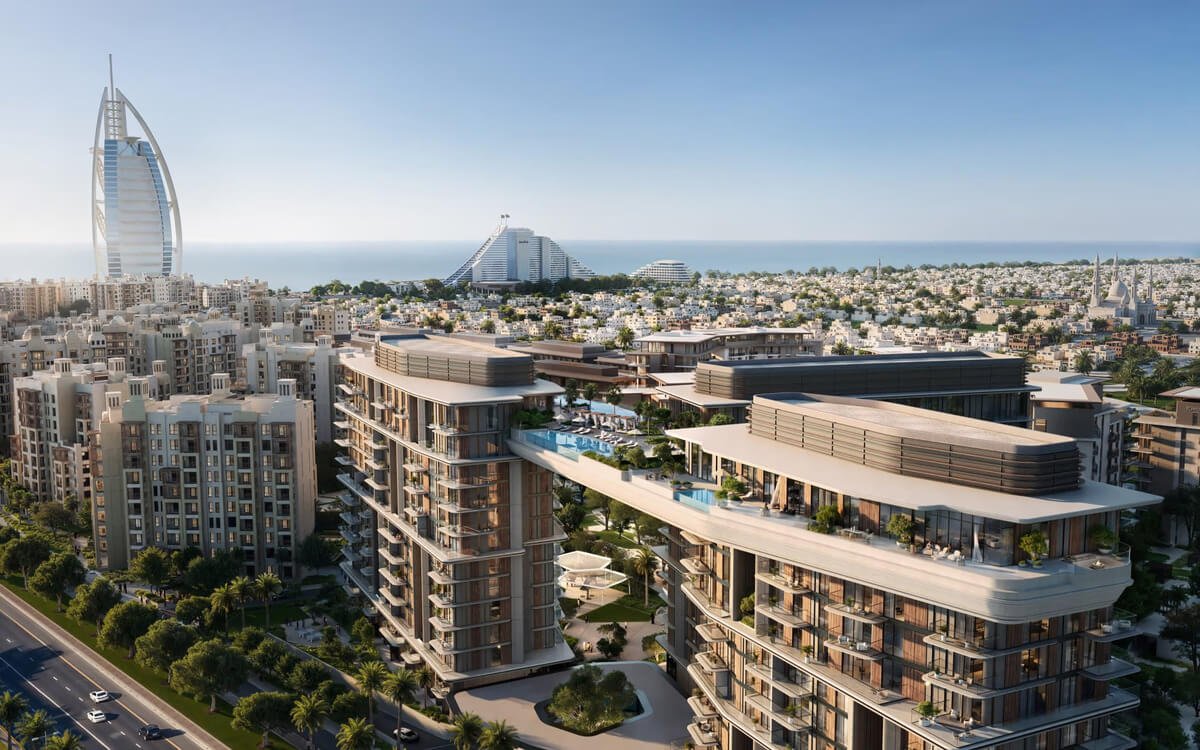 Nourelle by Meraas luxury residences in Jumeirah Dubai with skybridge and skyline view